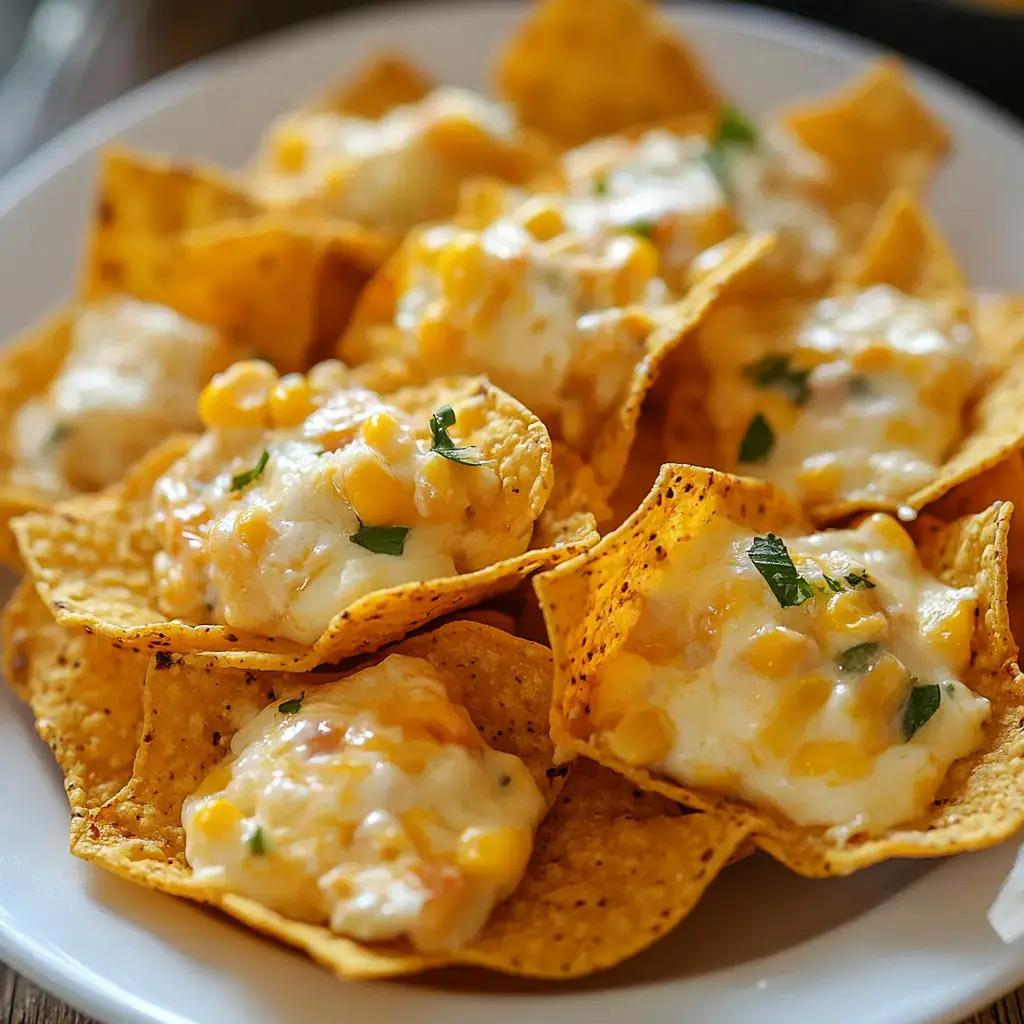 A plate of nacho chips topped with melted cheese, corn, and garnished with chopped herbs.