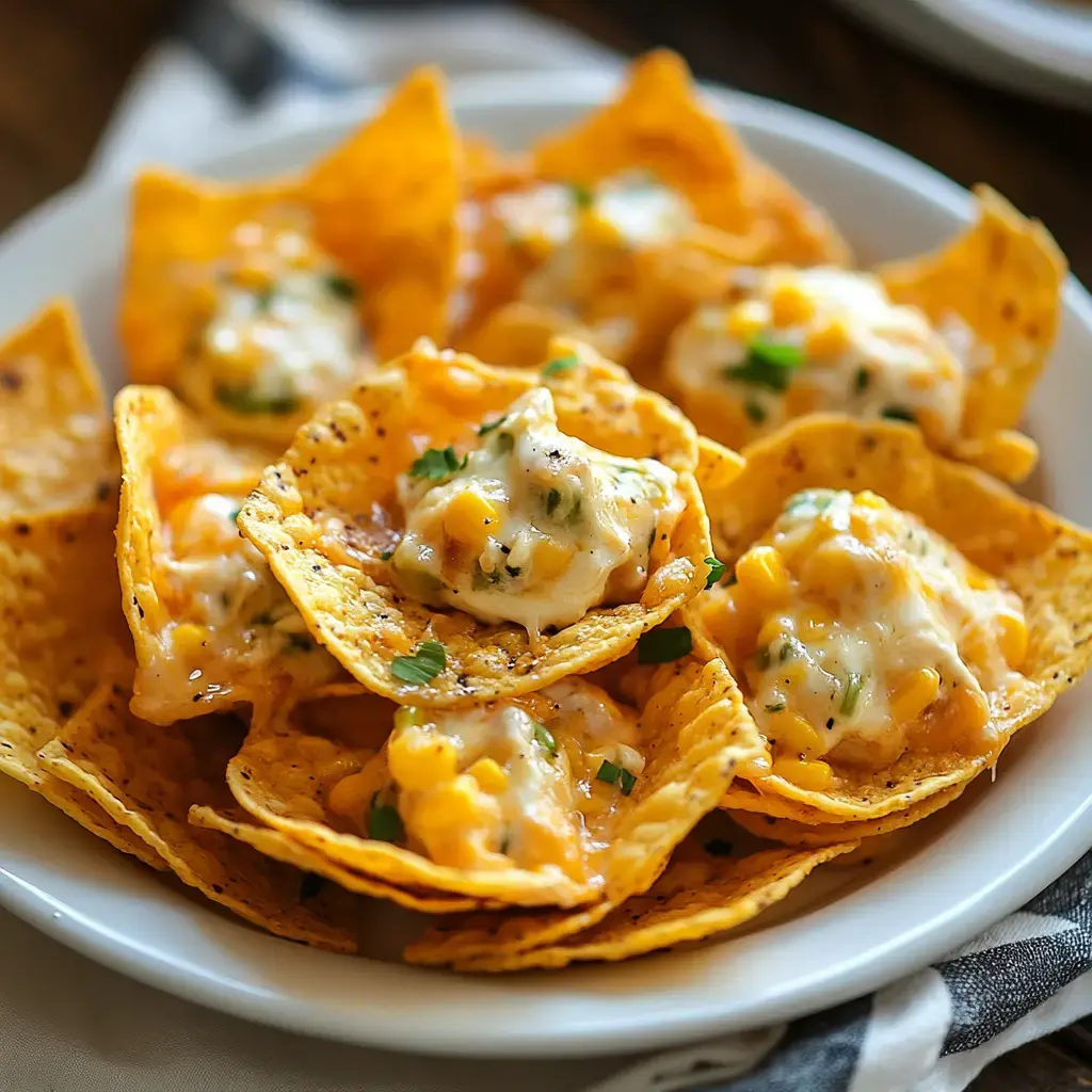 A close-up plate of cheesy nacho chips topped with melted cheese, corn, and fresh herbs.