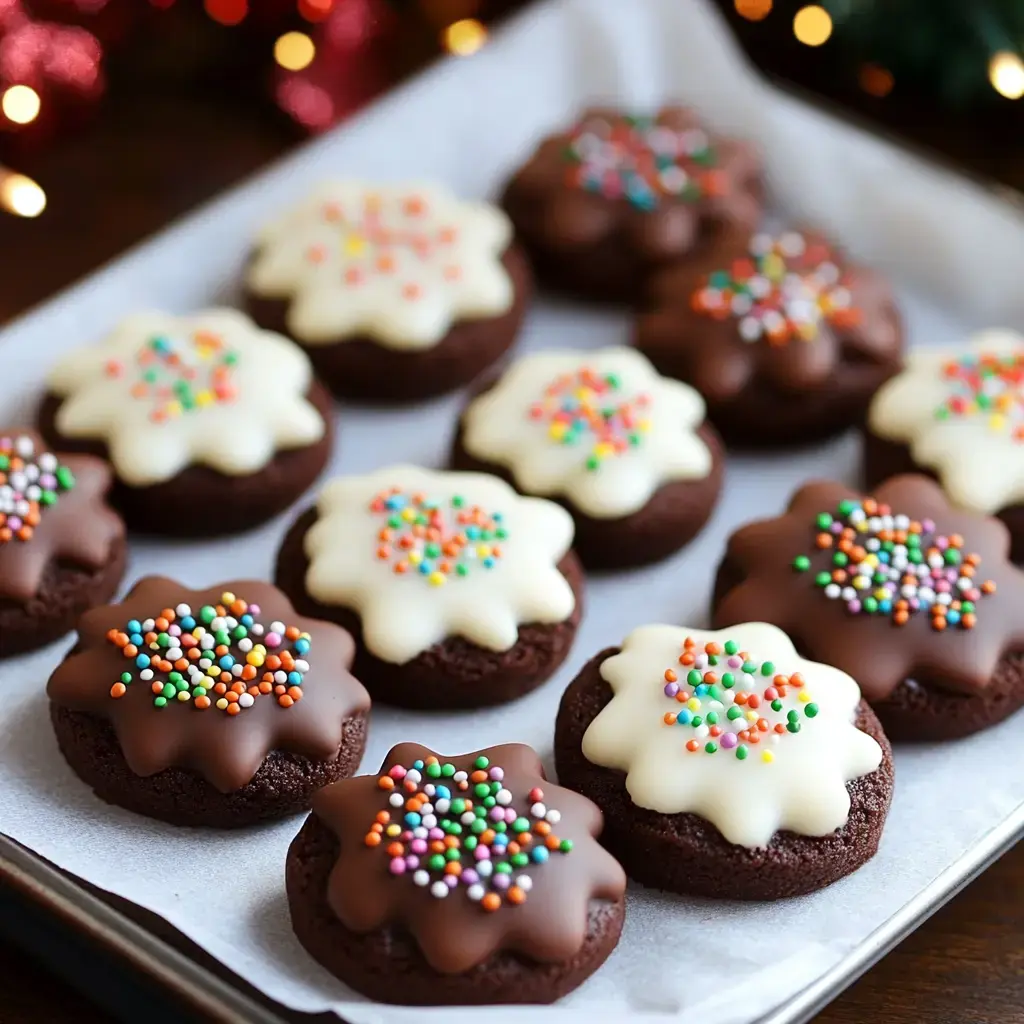 A tray of decorative chocolate cookies topped with white icing and colorful sprinkles.