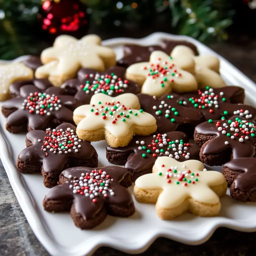 A platter of festive star-shaped cookies decorated with chocolate, white icing, and colorful sprinkles.