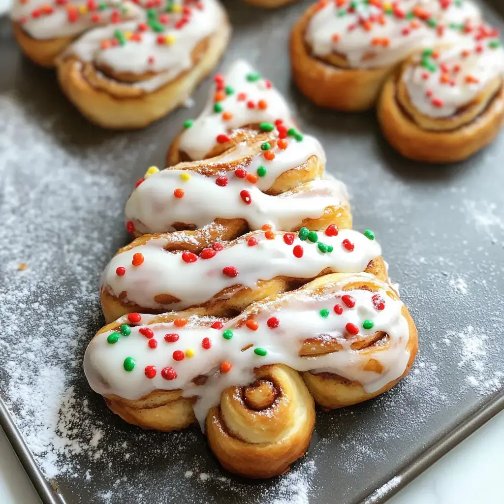 A festive, cinnamon roll-shaped pastry decorated with white icing and colorful sprinkles arranged to resemble a Christmas tree.