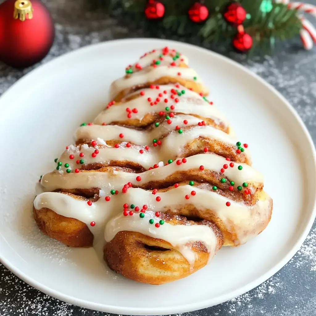 A cinnamon roll shaped like a Christmas tree, decorated with white icing and red and green sprinkles, served on a white plate.