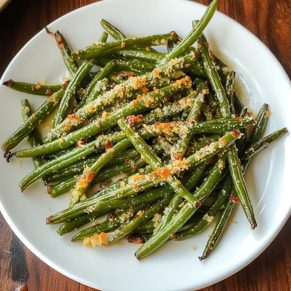 A plate of green beans garnished with breadcrumbs and baked until crispy.