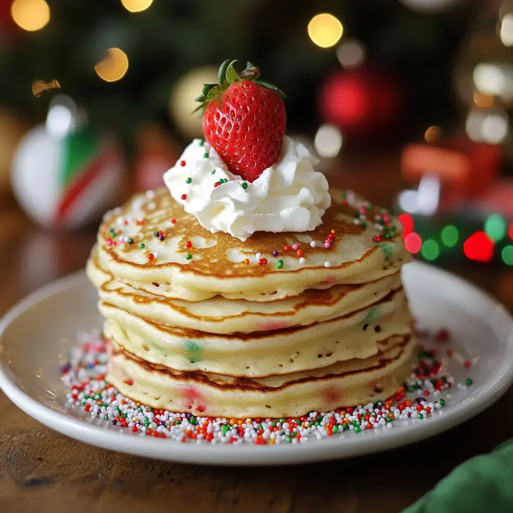 A stack of pancakes topped with whipped cream and a strawberry, surrounded by colorful sprinkles on a festive plate.