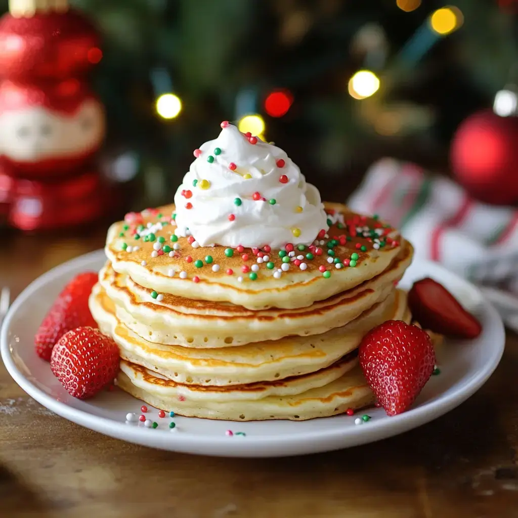 A stack of festive pancakes topped with whipped cream and colorful sprinkles, accompanied by fresh strawberries, set against a holiday-themed background.