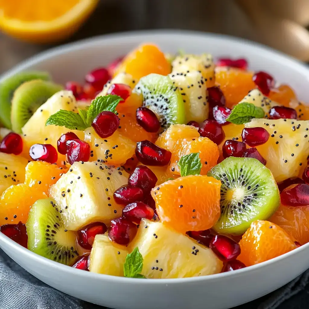 A colorful fruit salad featuring orange segments, kiwi slices, pineapple chunks, pomegranate seeds, and mint leaves, served in a white bowl.