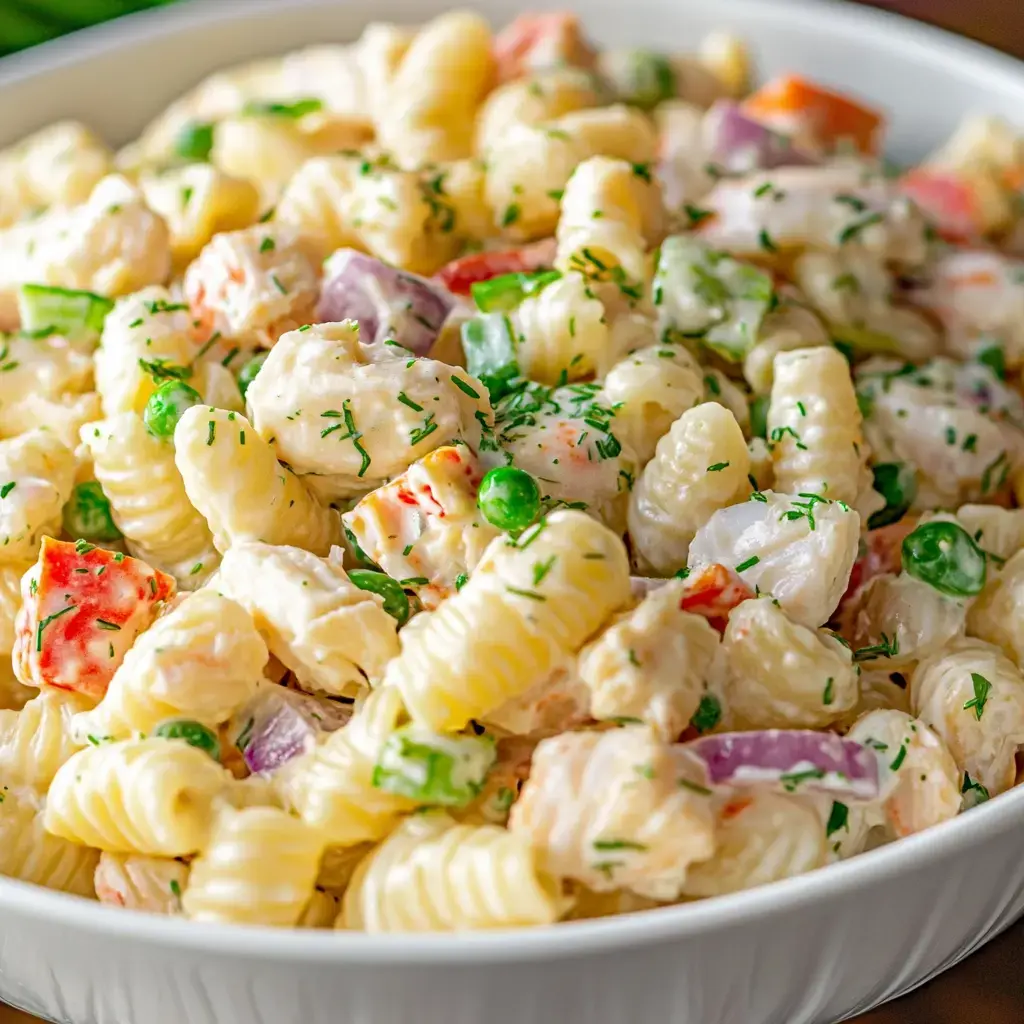 A close-up of a bowl filled with creamy pasta salad, featuring rotini pasta, vegetables, and herbs.