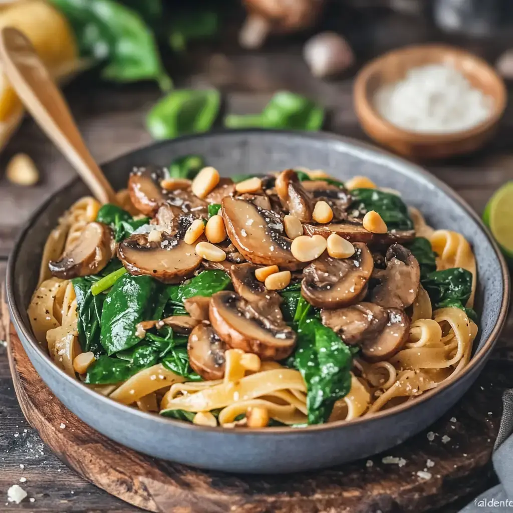 A gray bowl filled with fettuccine pasta, sautéed mushrooms, fresh spinach, and sprinkled with pine nuts and grated cheese.