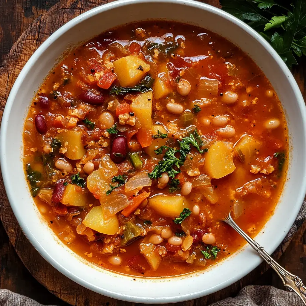 A bowl of hearty vegetable and bean soup, featuring chunks of potatoes, tomatoes, and herbs, served with a silver spoon against a wooden background.