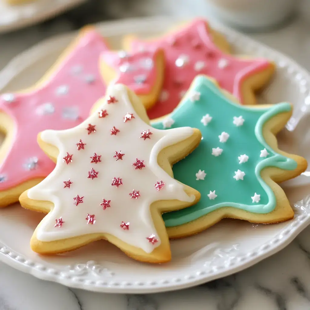 A plate of decorated star-shaped cookies in various pastel colors, topped with sparkling icing and edible decorations.