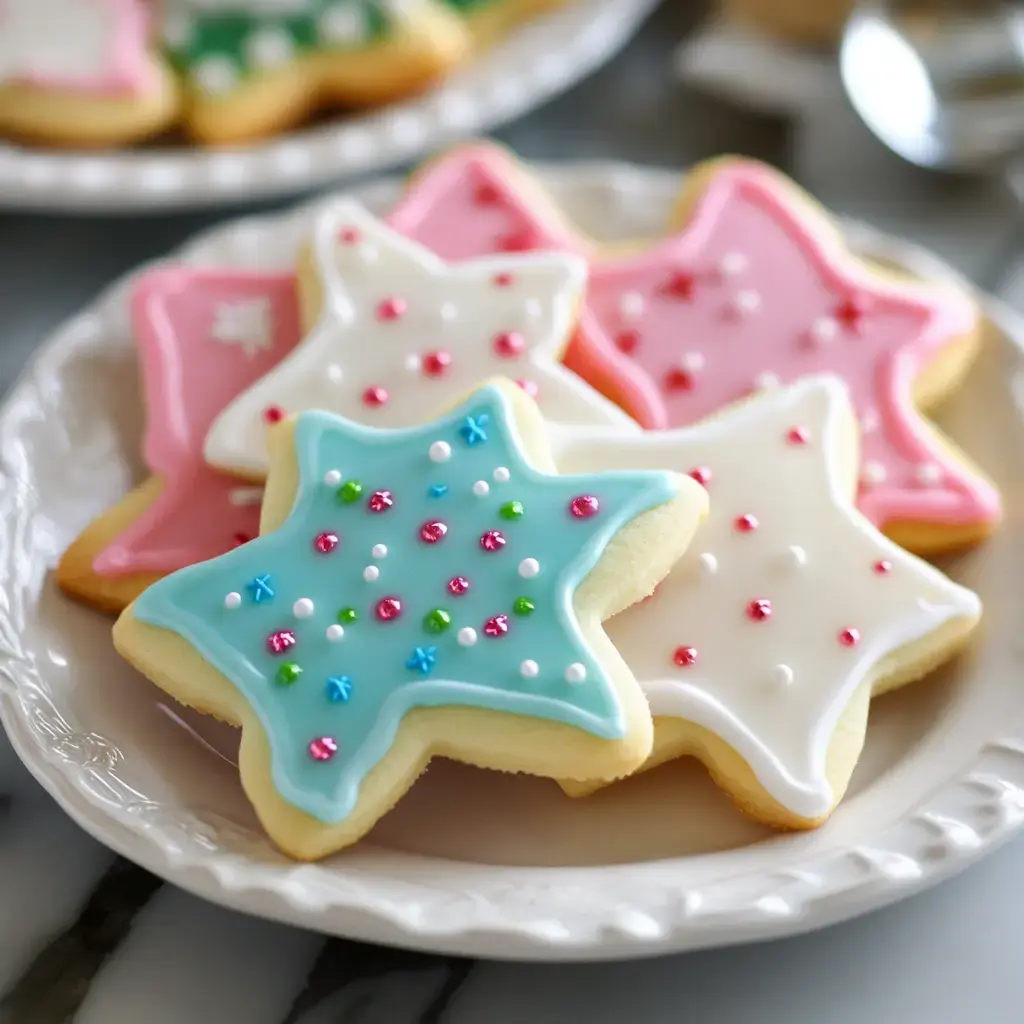 A plate of star-shaped cookies decorated with colorful icing and sprinkles in shades of blue, pink, and white.