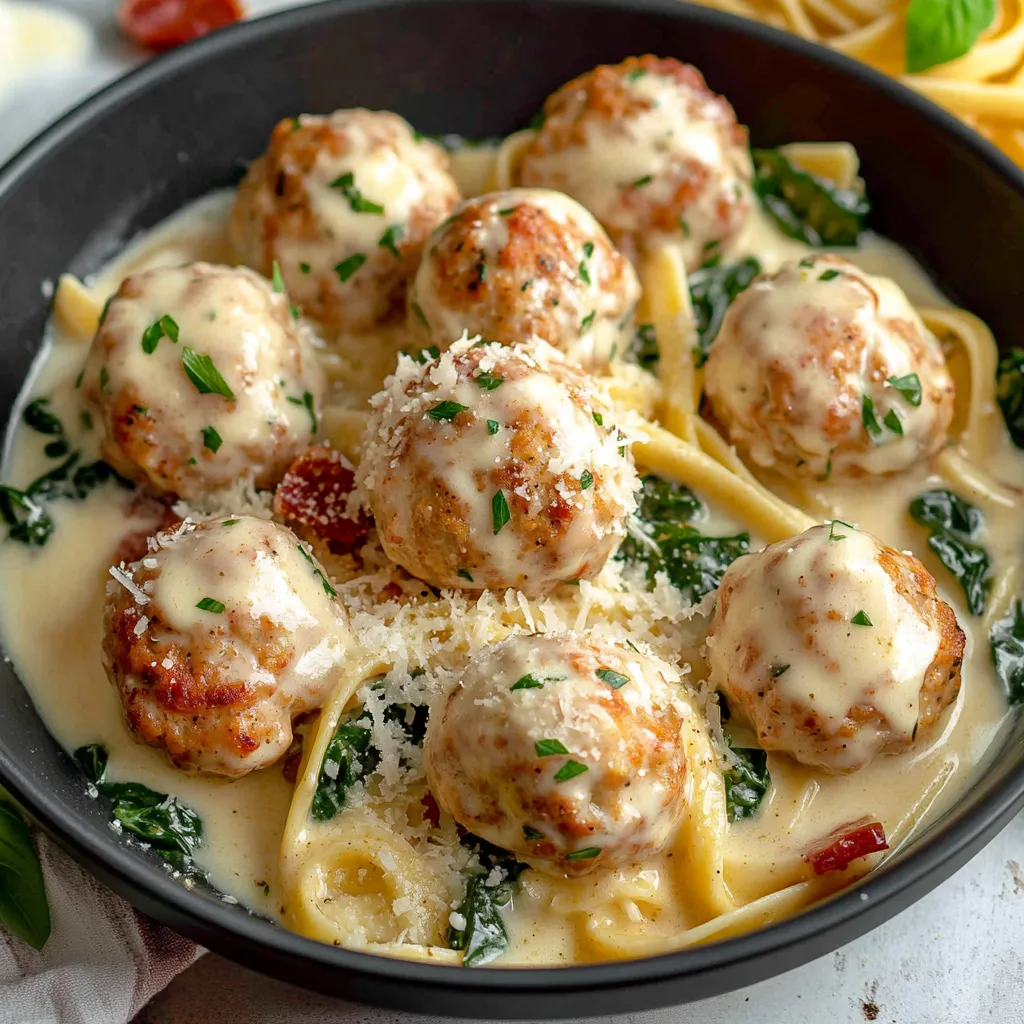 Baked Chicken Ricotta Meatballs with Spinach Alfredo Sauce