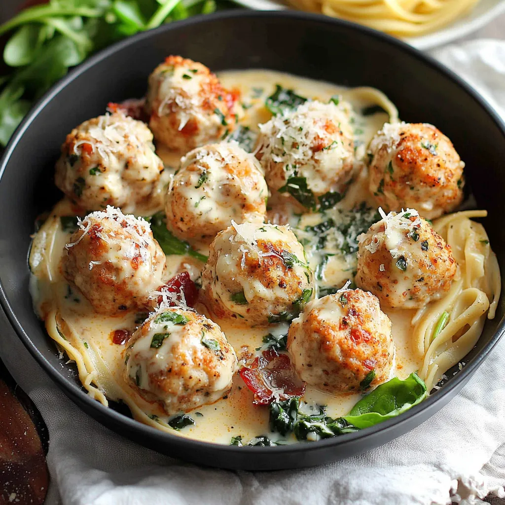 Baked Chicken Ricotta Meatballs with Spinach Alfredo Sauce