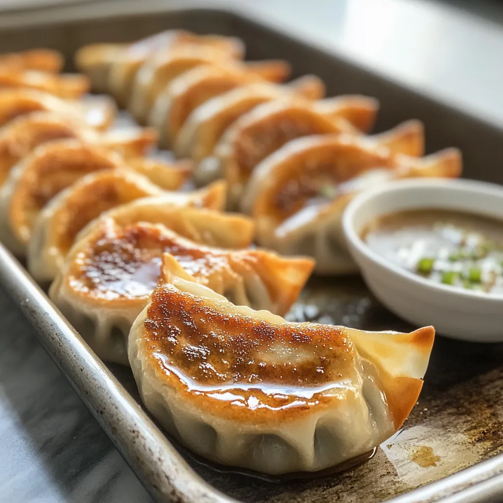 Sheet Pan Spicy Chicken Potstickers with Ginger Sauce