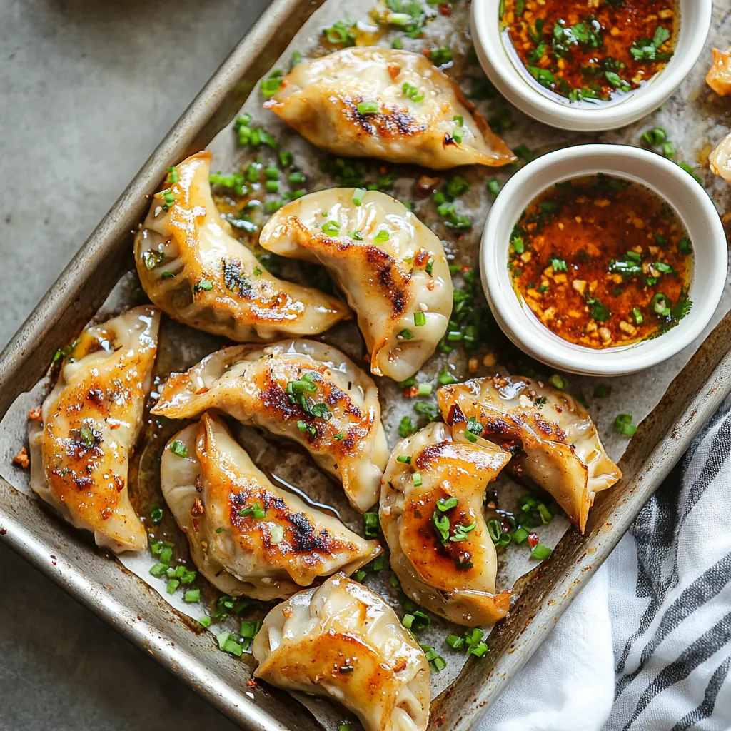 Sheet Pan Spicy Chicken Potstickers with Ginger Sauce