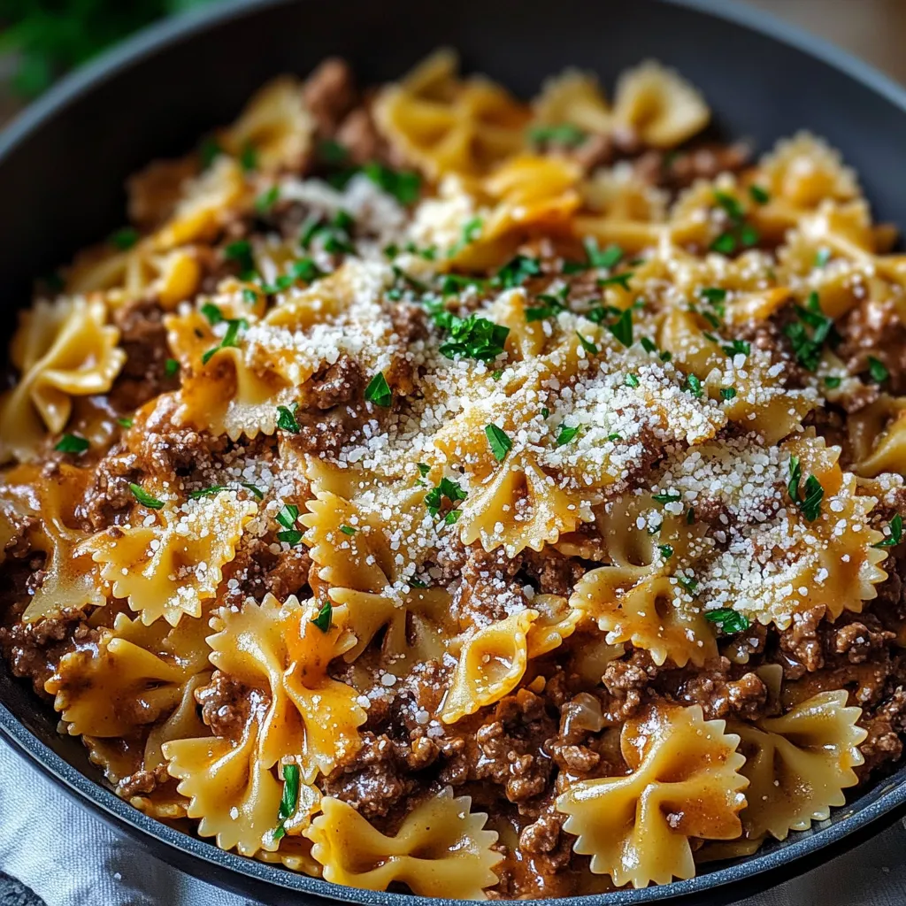 Cheesy Beef and Bowtie Pasta in Garlic Butter