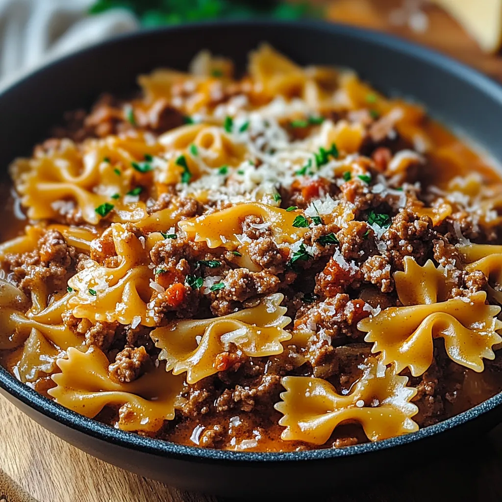 Cheesy Beef and Bowtie Pasta in Garlic Butter