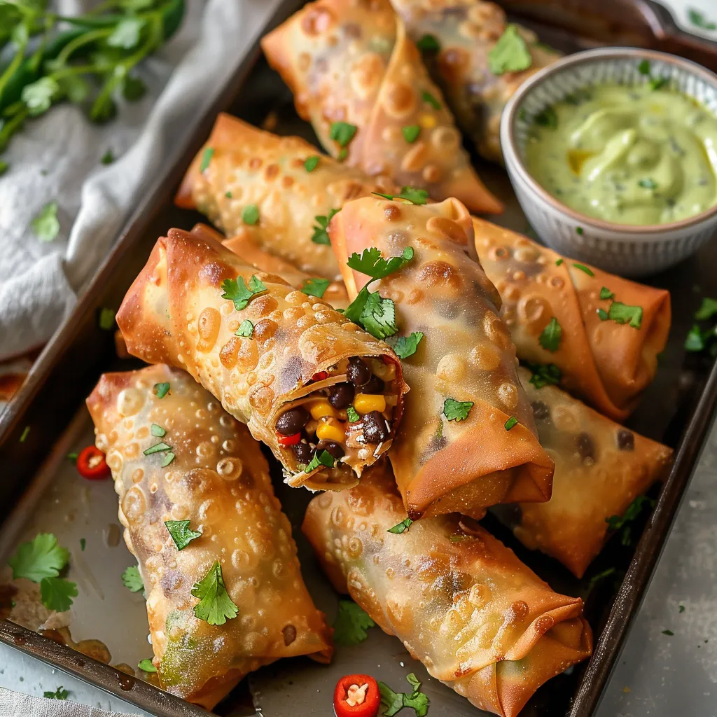 Crispy Southwest eggrolls filled with chicken, black beans, and bold flavors.