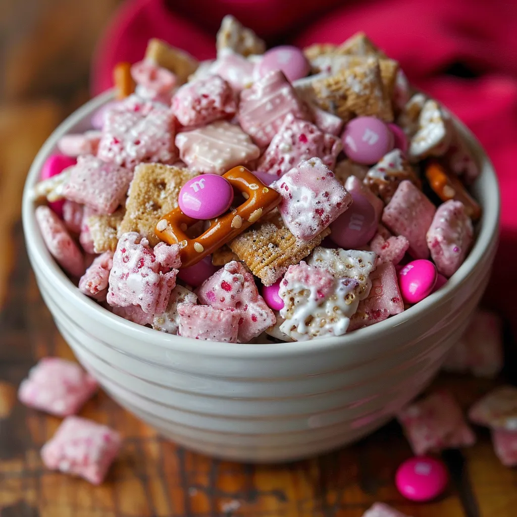 Sweet Valentine's Day puppy chow, a crunchy and festive treat for sharing.