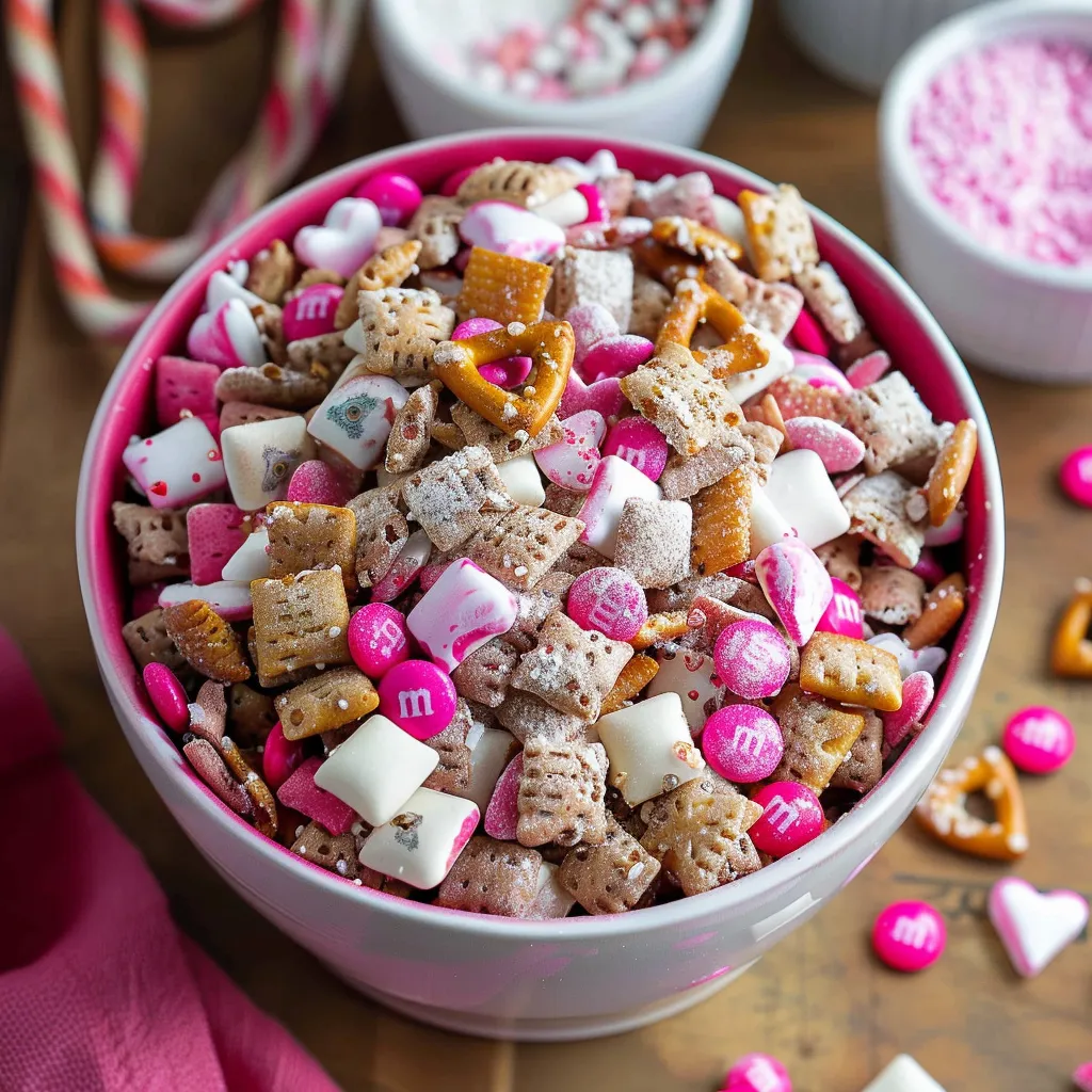 Valentine's puppy chow Chex mix with chocolate and powdered sugar for a fun snack.