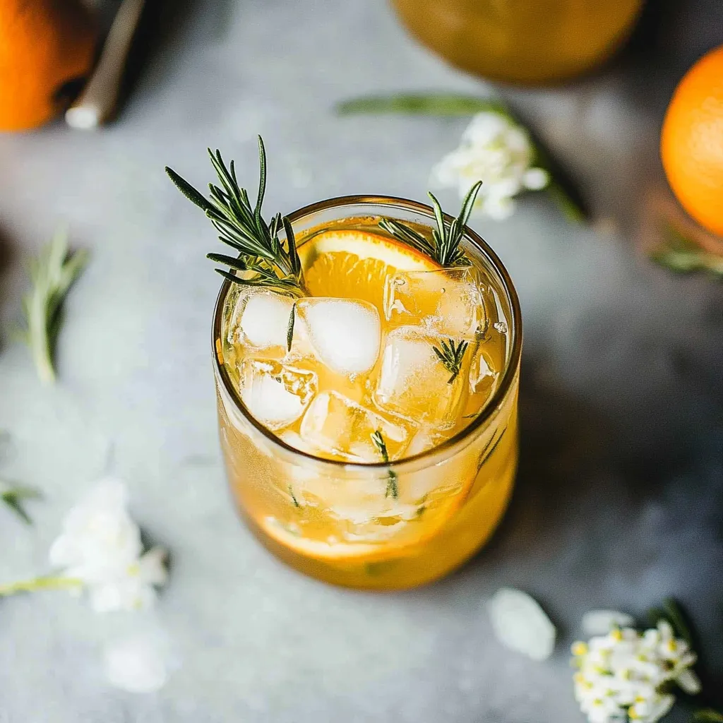 A glass of orange juice with ice and a sprig of mint on the side.