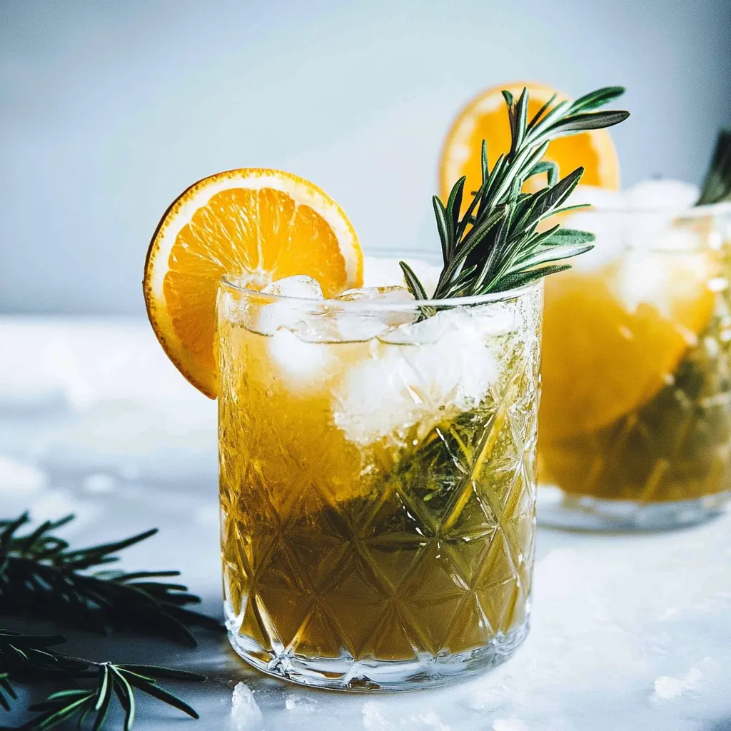 Two glasses of orange juice with ice and a sprig of rosemary on top.