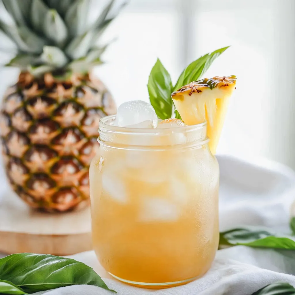 A cold drink of pineapple iced tea garnished with pineapple.