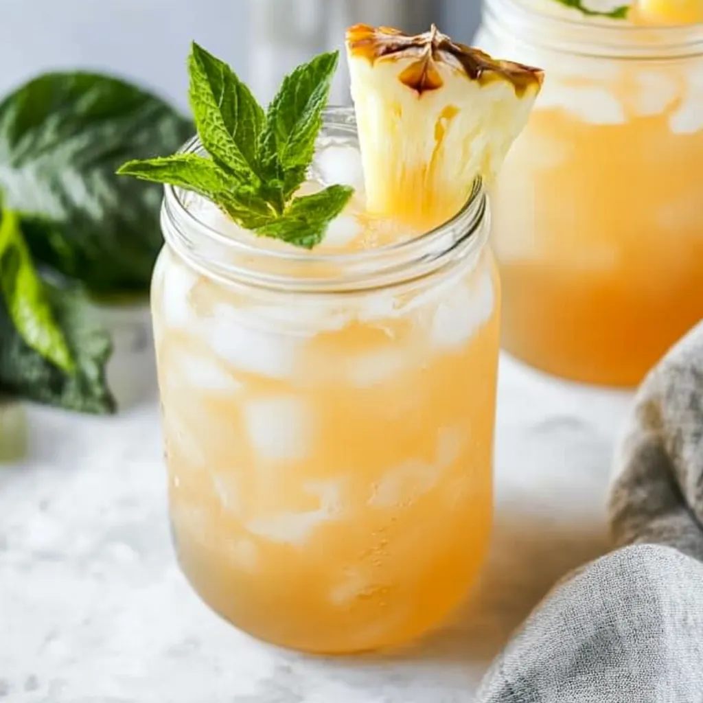 A glass of pineapple juice with a slice of pineapple in it.