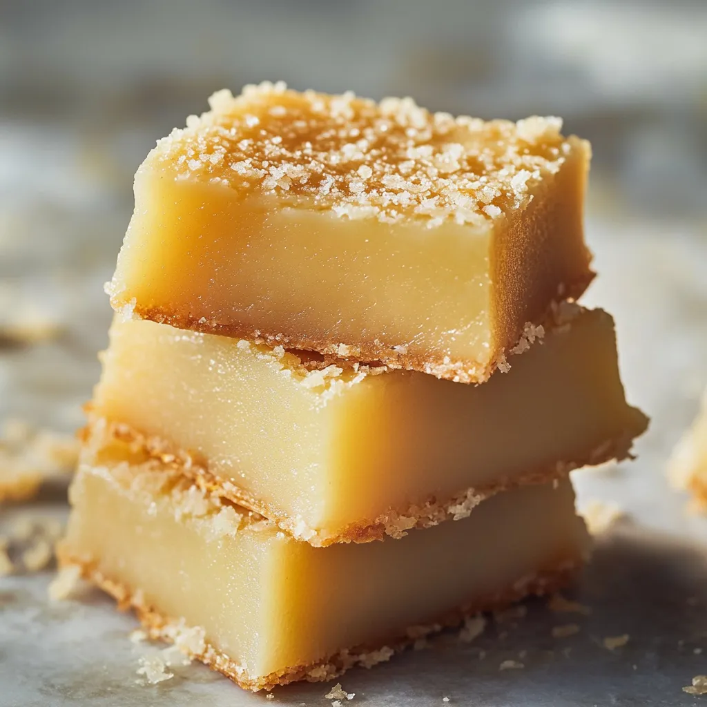 Stacked squares of golden-brown dessert on a plate.