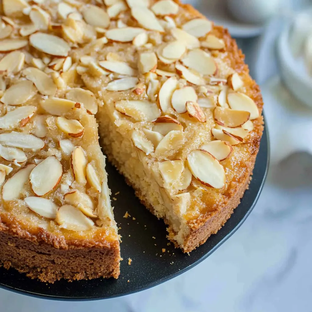 A delicious almond cake slice served on a plate.