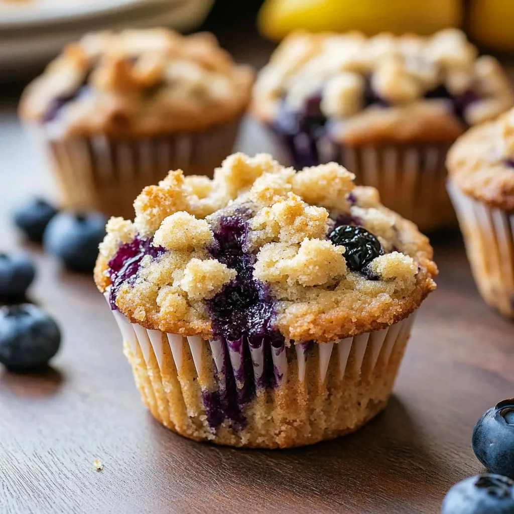 A blueberry muffin with a crumbly top sitting on a table.