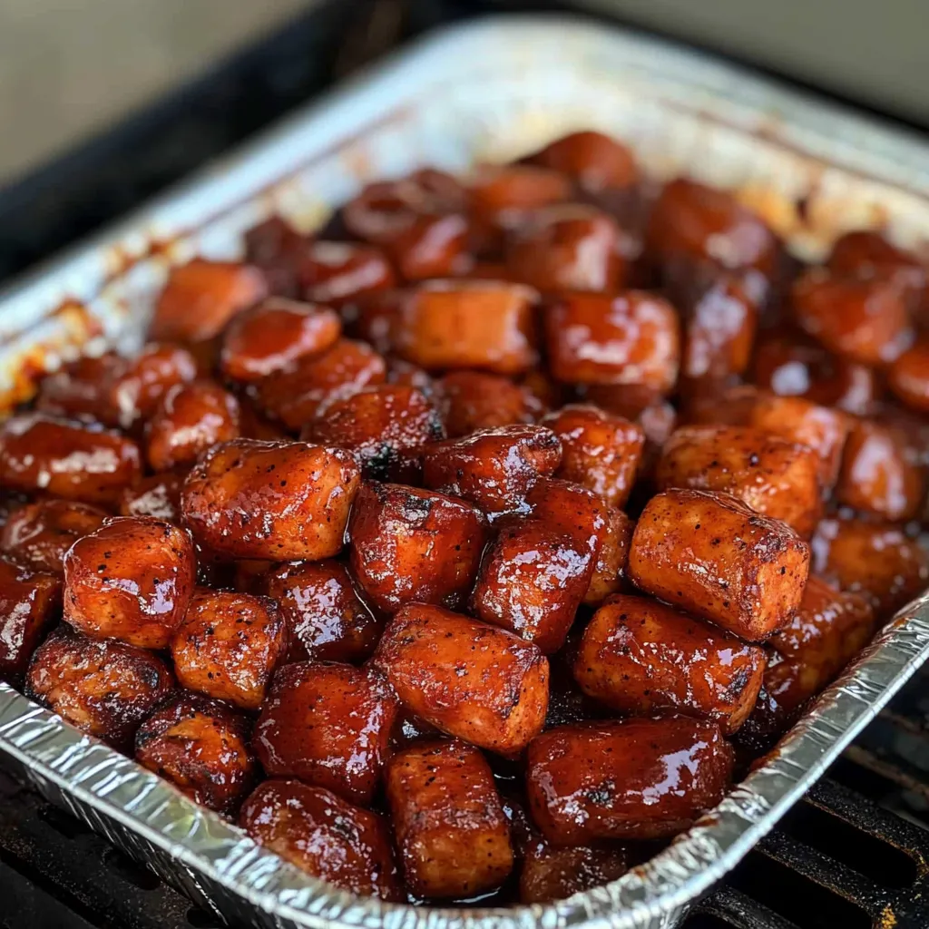 A delicious barbecue dish with caramelized onions and meat in a silver pan.