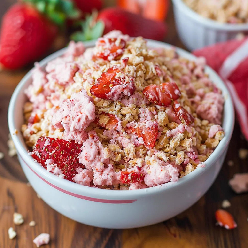 A bowl of strawberry and oatmeal with a spoon in it.