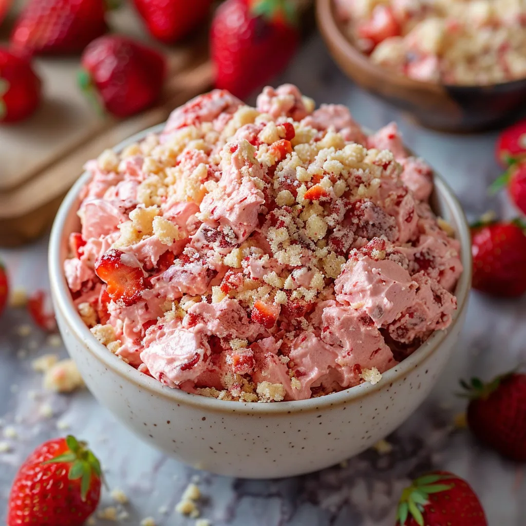 A bowl of strawberry shortcake with a spoon in it.