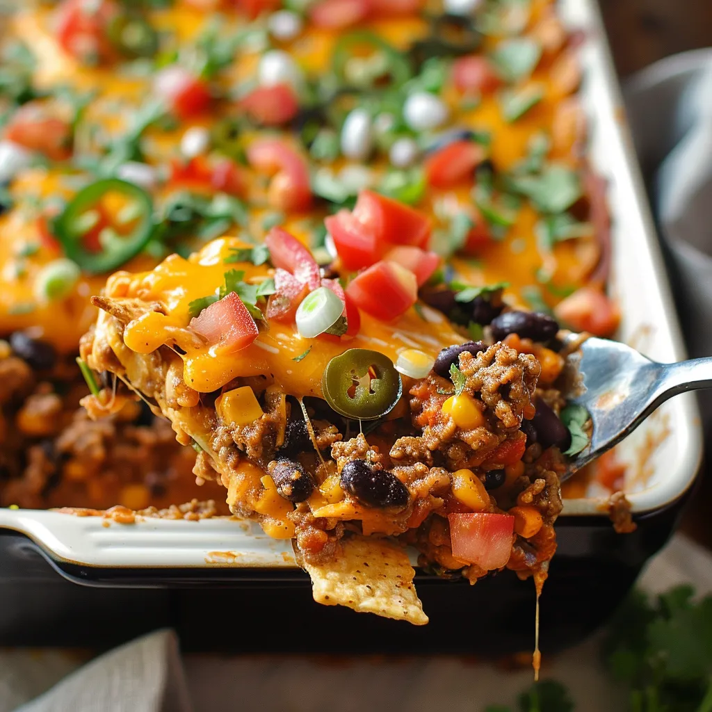 A yummy taco bake with a spoon inside.