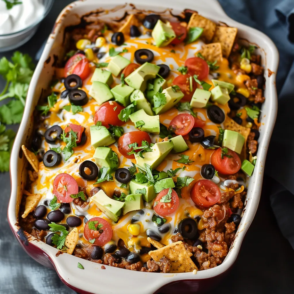 A delicious Mexican dish with a variety of toppings, including tomatoes, black olives, and avocado, is served in a white bowl.