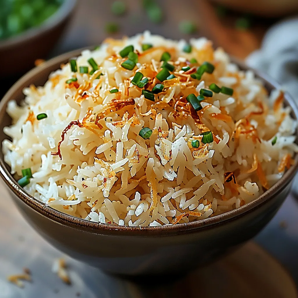 A comforting bowl of jasmine rice topped with green herbs.