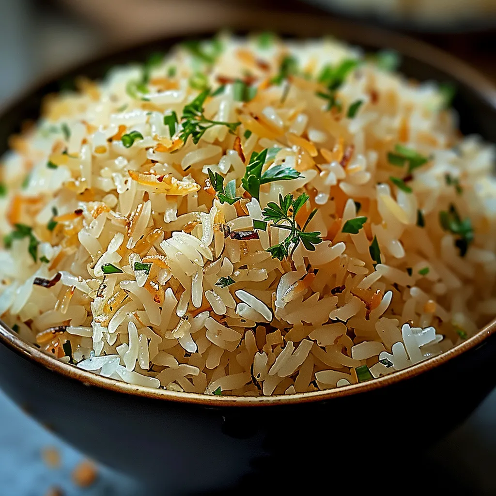 A bowl of rice with herbs on top.