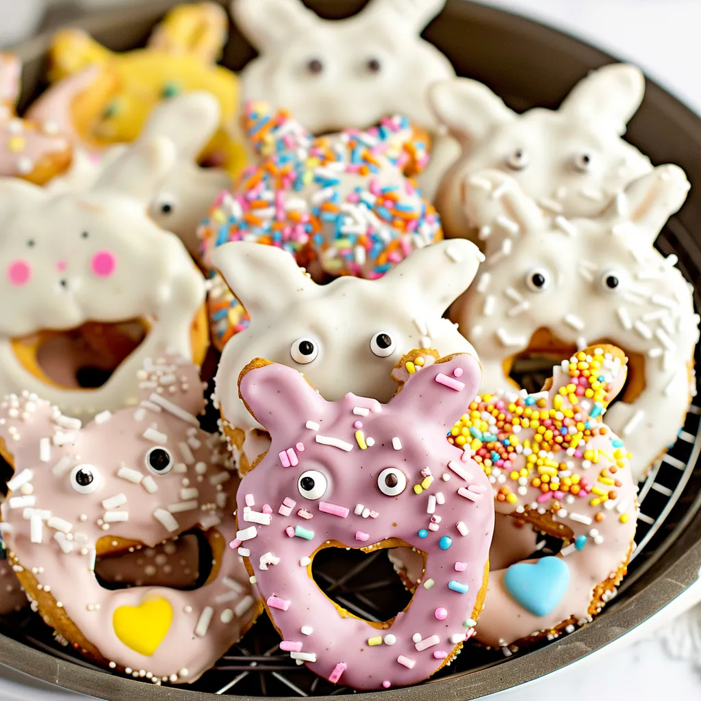 A vibrant plate filled with donuts decorated with candy faces.