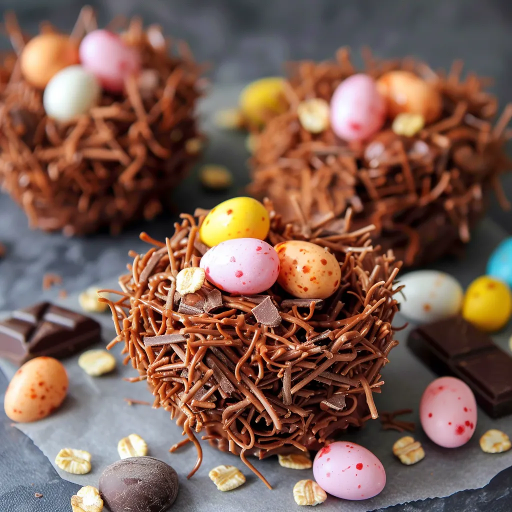 Festive chocolate and marshmallow nests finished with colorful eggs and candy.