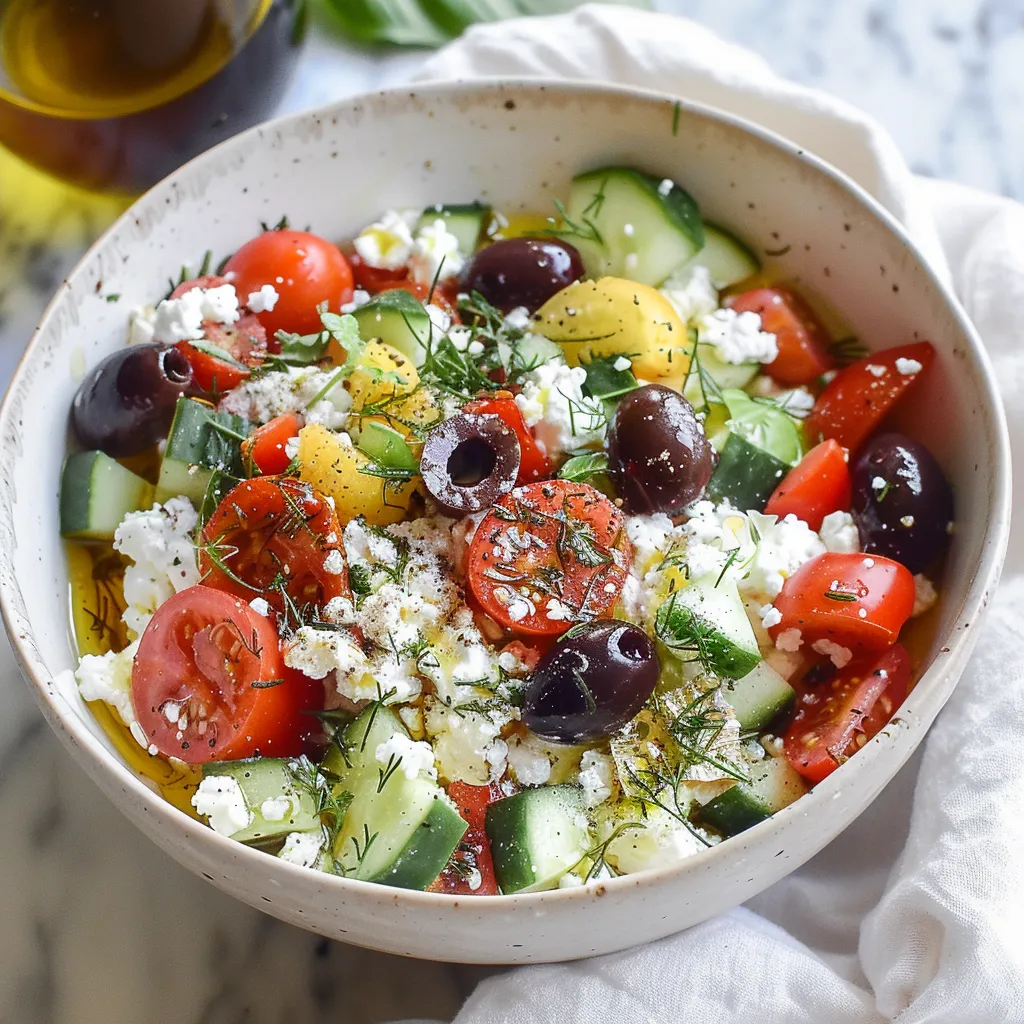 A vibrant salad bowl featuring cucumbers, tomatoes, salt-brined olives, and creamy cottage cheese.