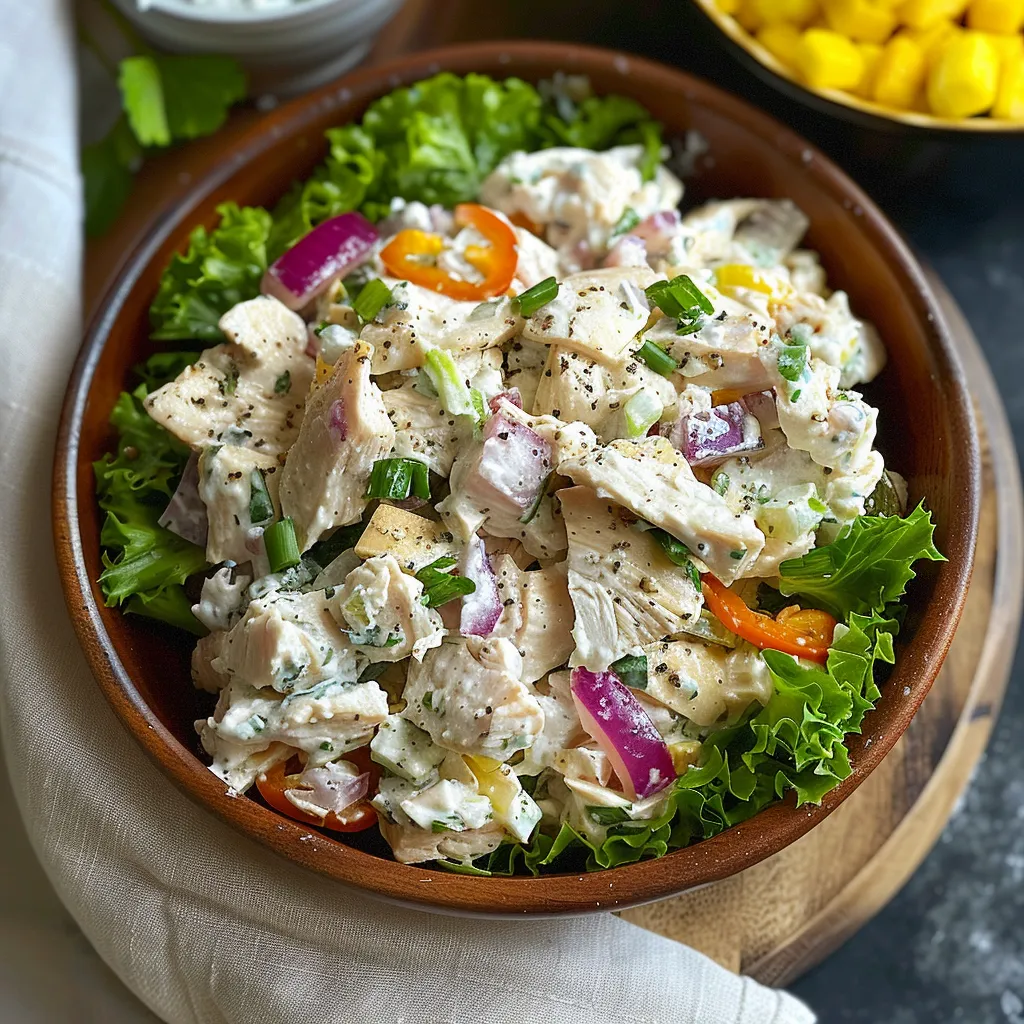 A fresh bowl of chicken salad served with vegetables and banana peppers.