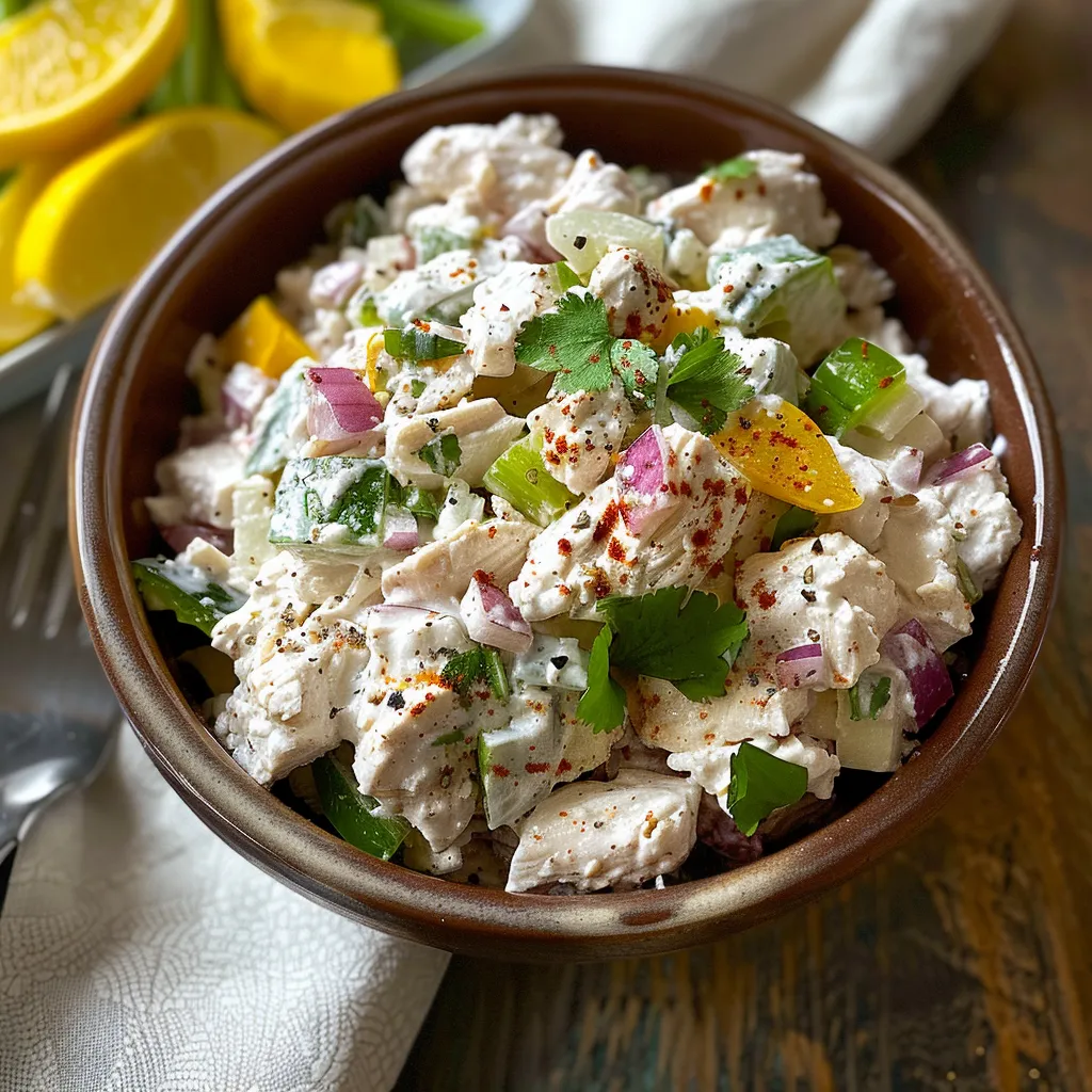 A bowl of food with chicken, onions, and peppers.