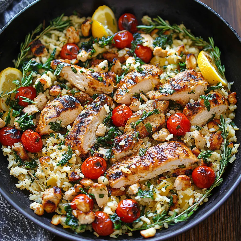 A dark bowl packed with rice, chicken, and fresh tomatoes.