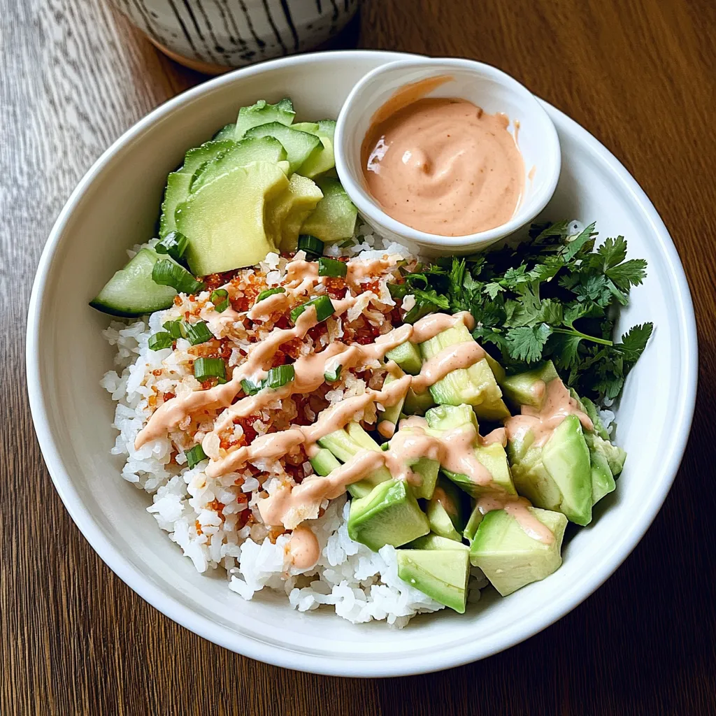 A wooden table holding a rice bowl with fresh avocado and a rich sauce.