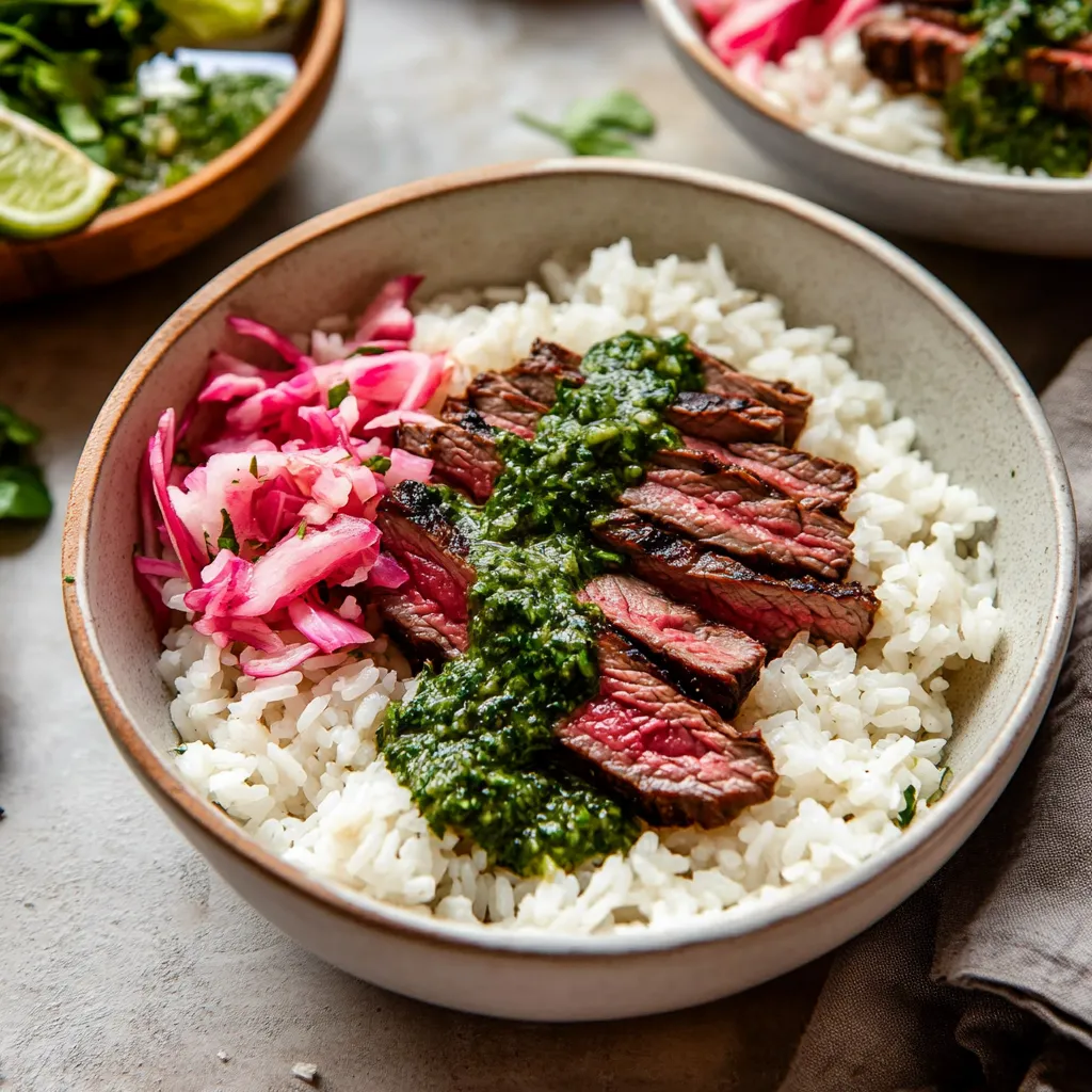 A hearty bowl filled with steak, rice, and chimichurri sauce.