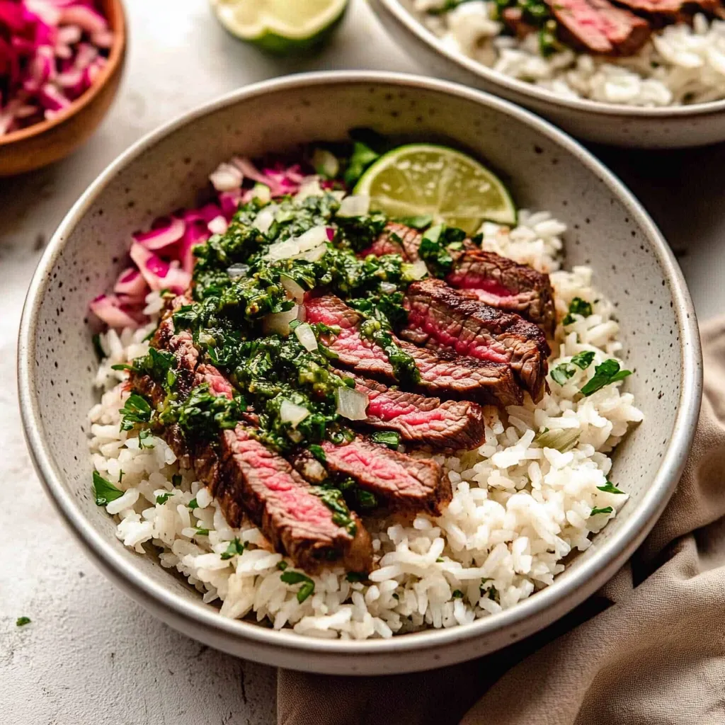 A bowl of rice with meat and vegetables, including onions and limes.