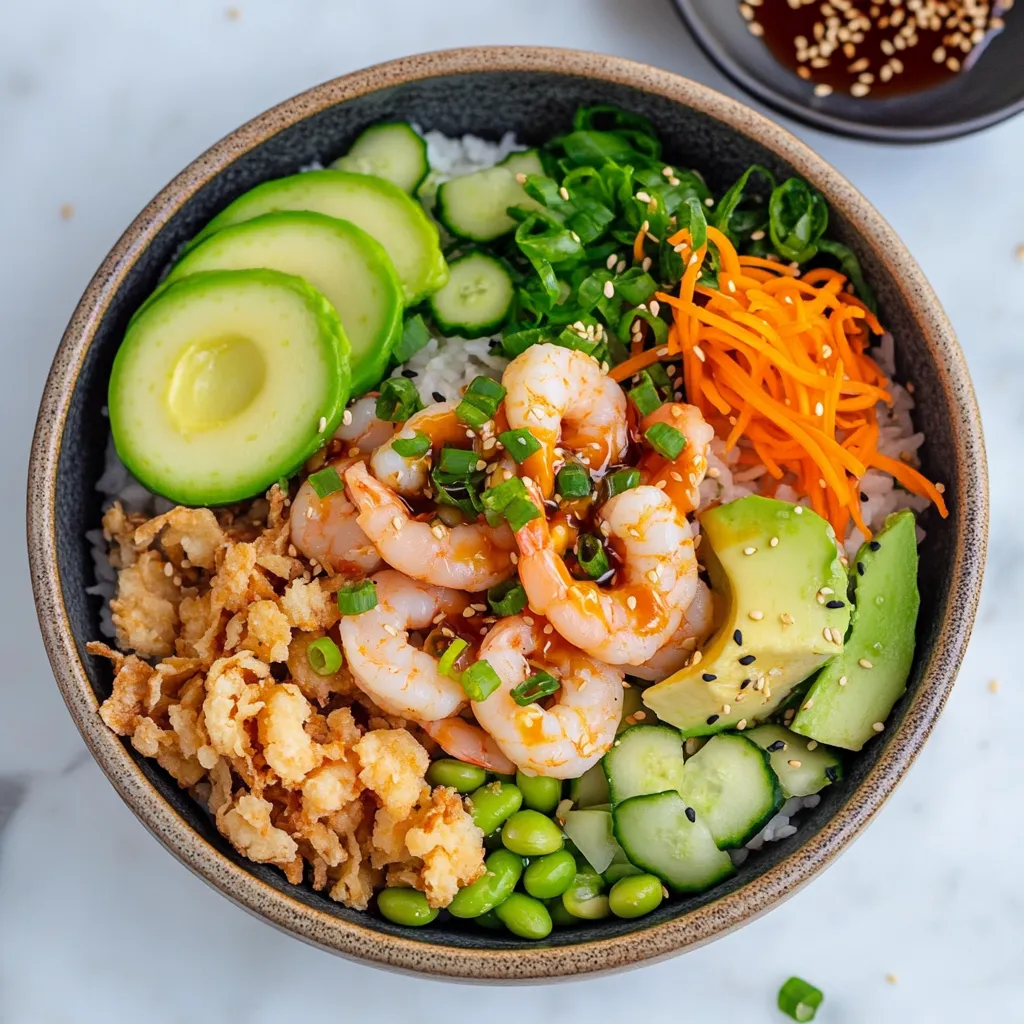 A delicious bowl loaded with shrimp, vegetables, and rice, with a spoon resting in it.