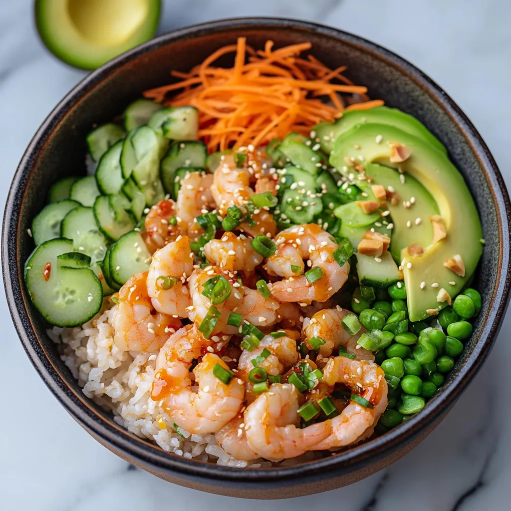 A bowl of shrimp and vegetables, including carrots and avocado, sits on a table.