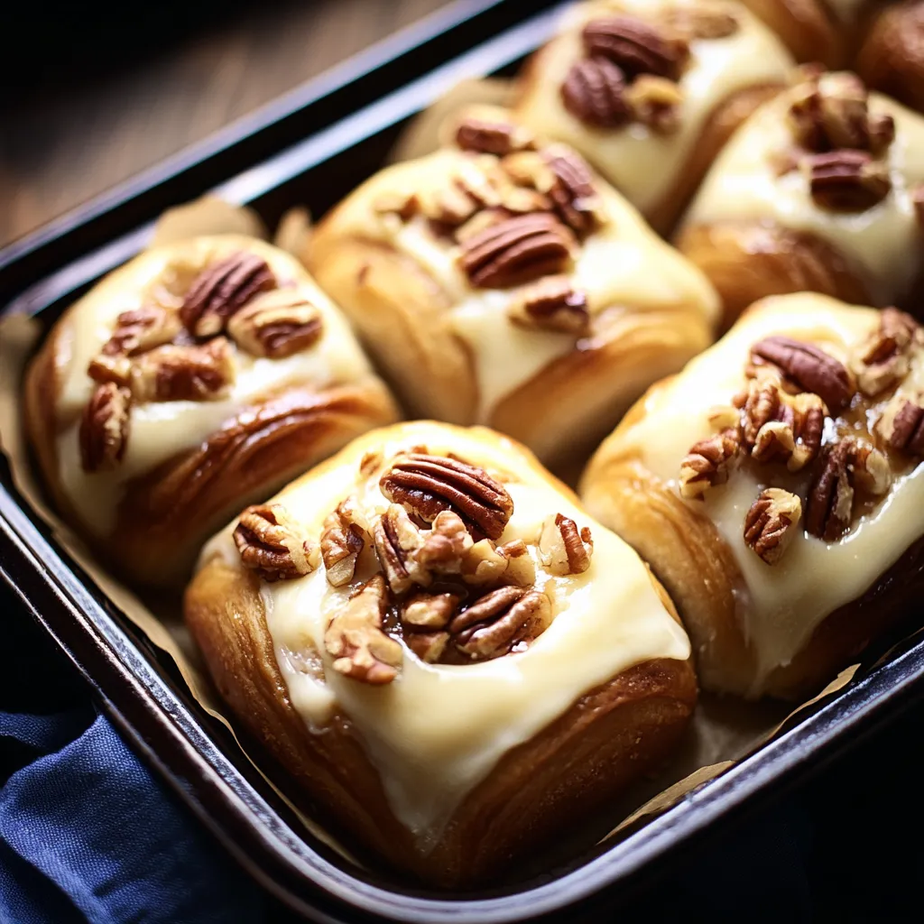 A pan of pastries with walnuts and cream.